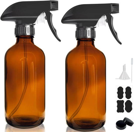 8OZ Amber Glass Spray Bottles - 2 Pack - Empty Refillable Bottle for Essential Oils, Plants, Cleaning Solutions, Hair Mister - Durable Nozzle w/Fine Mist and Stream Setting