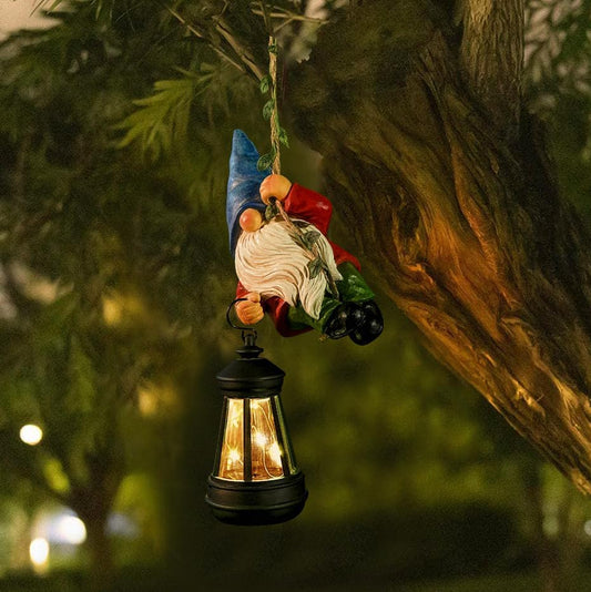 Solar Hanging Gnome Garden Statue Climbing Rope Gnome with LED Lantern Outdoor Decor Tree Hugger Yard Porch Wall Decoration Halloween Christmas Gardening Gift for Mom Women
