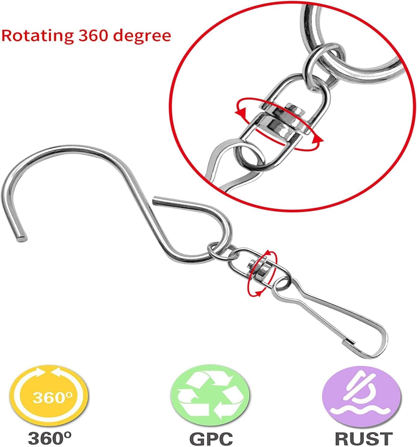 24 Pcs Swivel Clip Hanging Hooks, Stainless Steel 360 Degree Rotating Windsock Clips for Hanging Wind Chimes, Plants, Bird Feeder, Crystal, Birdcage