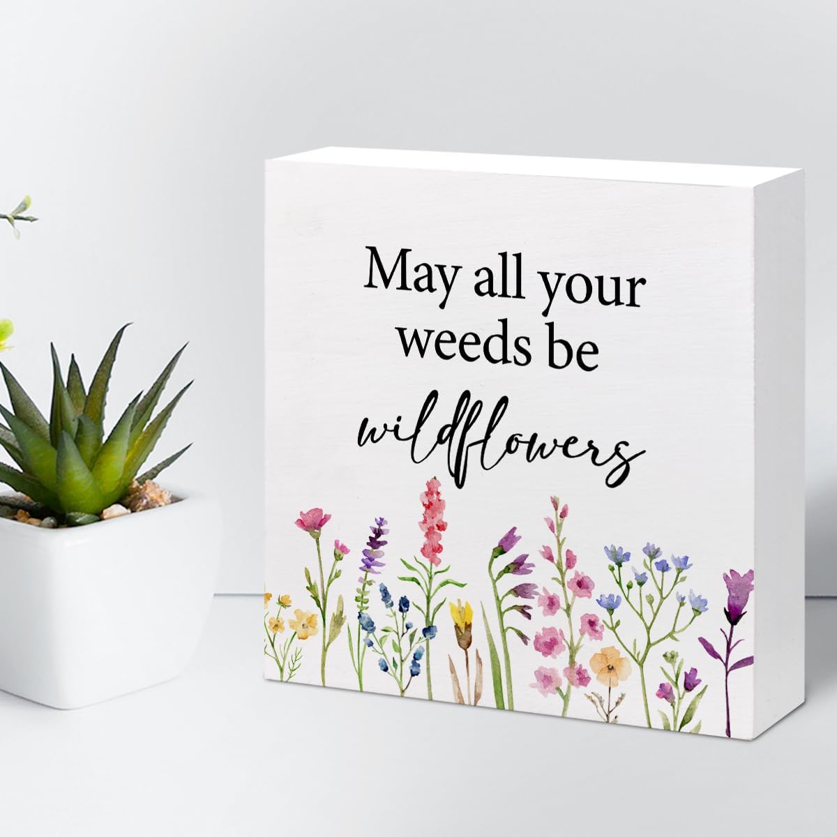 May All Your Weeds Be Wood Box Sign,Inspirational Wooden Block Sign,Motivational Desk Decor for Home Bedroom Office Shelf Wall Decor