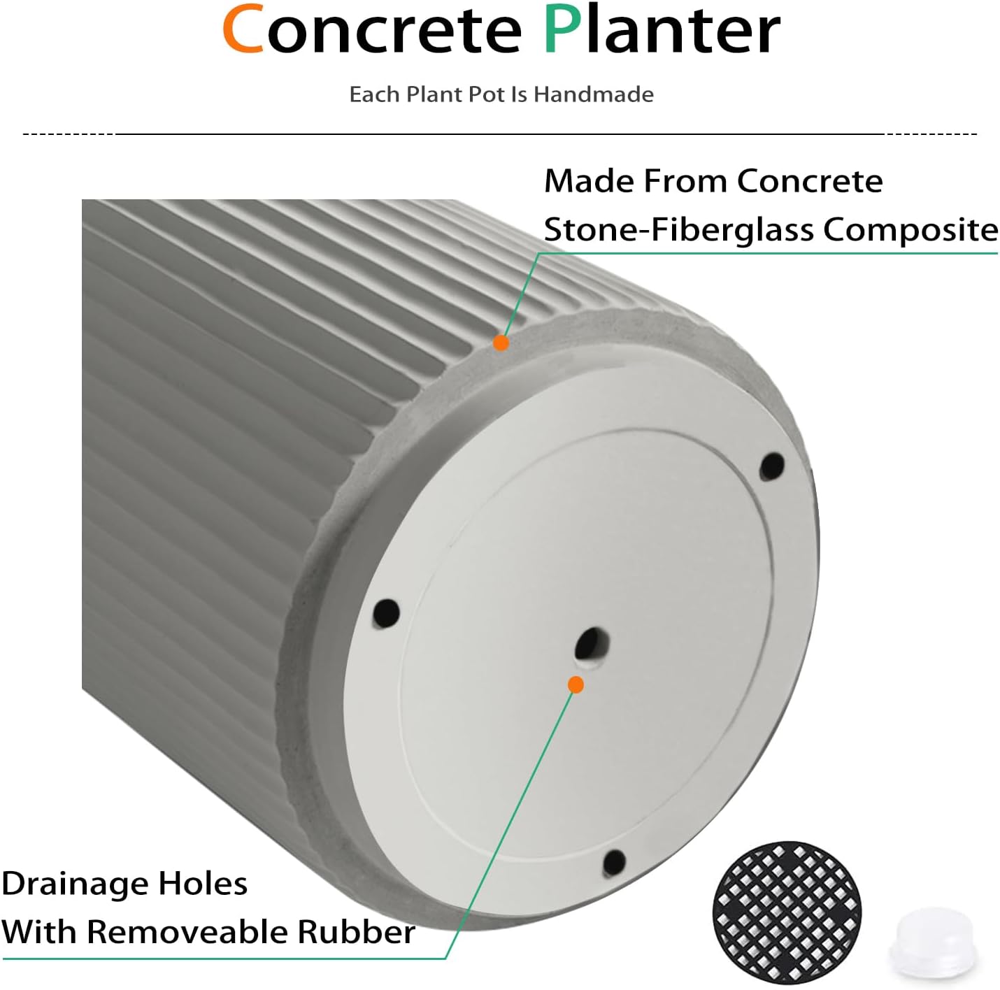 Round Concrete Planter Outdoor Indoor, Large Cement Plant Pots for Flowers (Vertical Gray, 16 inch)