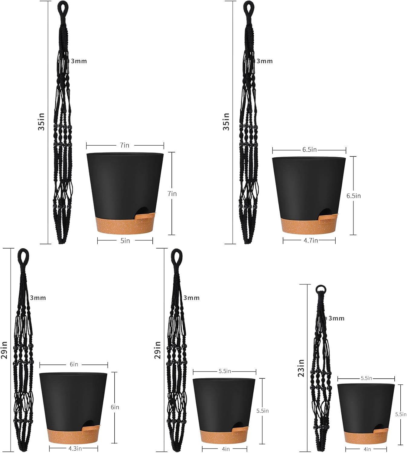 GARDIFE Hanging Planters for Indoor Plants,5Pcs Hanging Basket for Indoor Boho Home Decor,Macrame Plant Hanger,35 Inches,29Inch,23Inch, Ivory,Self Watering Planters, 7/6.5/6/5.5/5 Inch,Black&Black