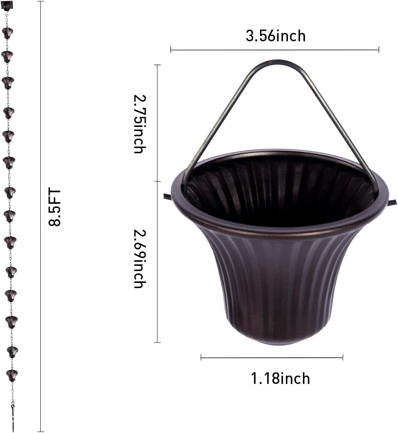 Rain Chain Set 8.5 Ft,Not Rust Wrought Iron Rain Chains for Gutters with Adapter Gotta Drain and Anchoring Stake, 14 Cups, 1 Hook, Adjustable Length for Garden Decorative (Coffee)