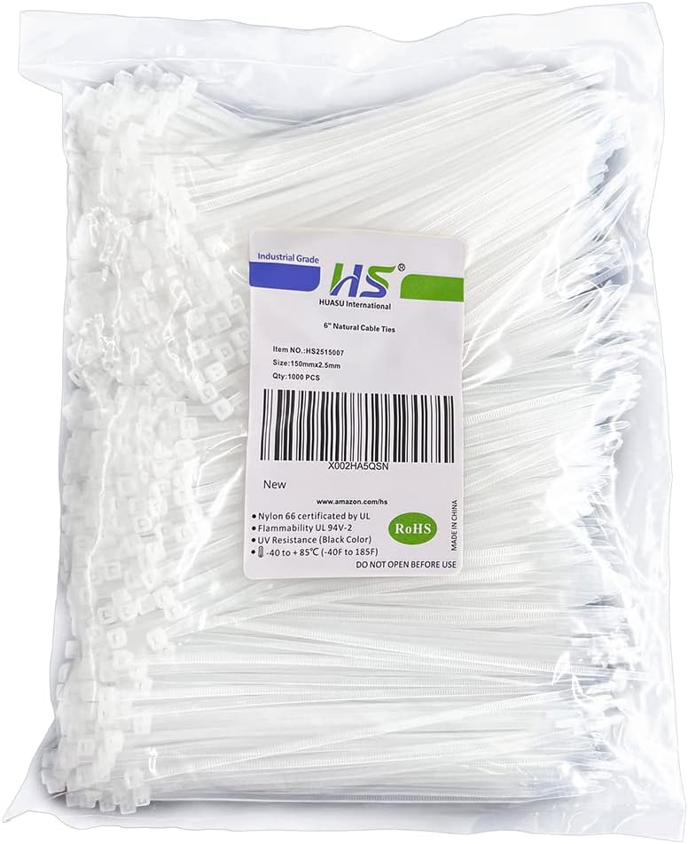 HS Clear Zip Ties 6 Inch Small (Bulk 1000 Pack) 18 LBS Self Locking Zip Ties White Nylon Ties Thin,Strong and Durable
