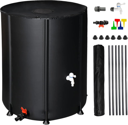 132 Gallon Collapsible Rain Barrel, Water Storage Tank, Portable Rainwater Collection System, Rain Catcher Barrel with Two Spigots and Overflow Kit, Rain Water Barrel Collector for Garden, Black