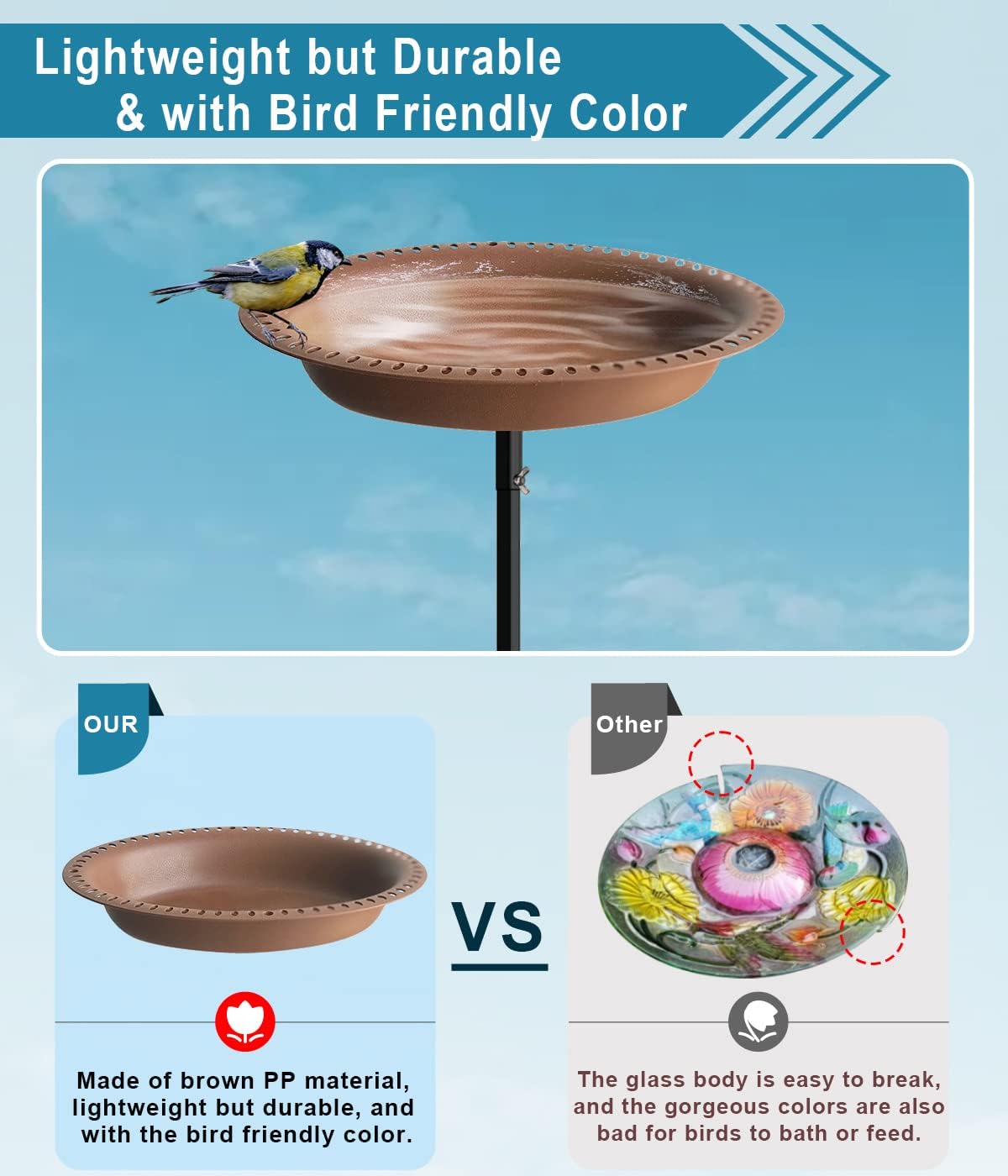 Koutemie 1-¼ Gallon Detachable Free Standing Garden Bird Bath Bird Feeder Bowl with Metal Stake for Outdoor, Deep Brown, 29 Inch