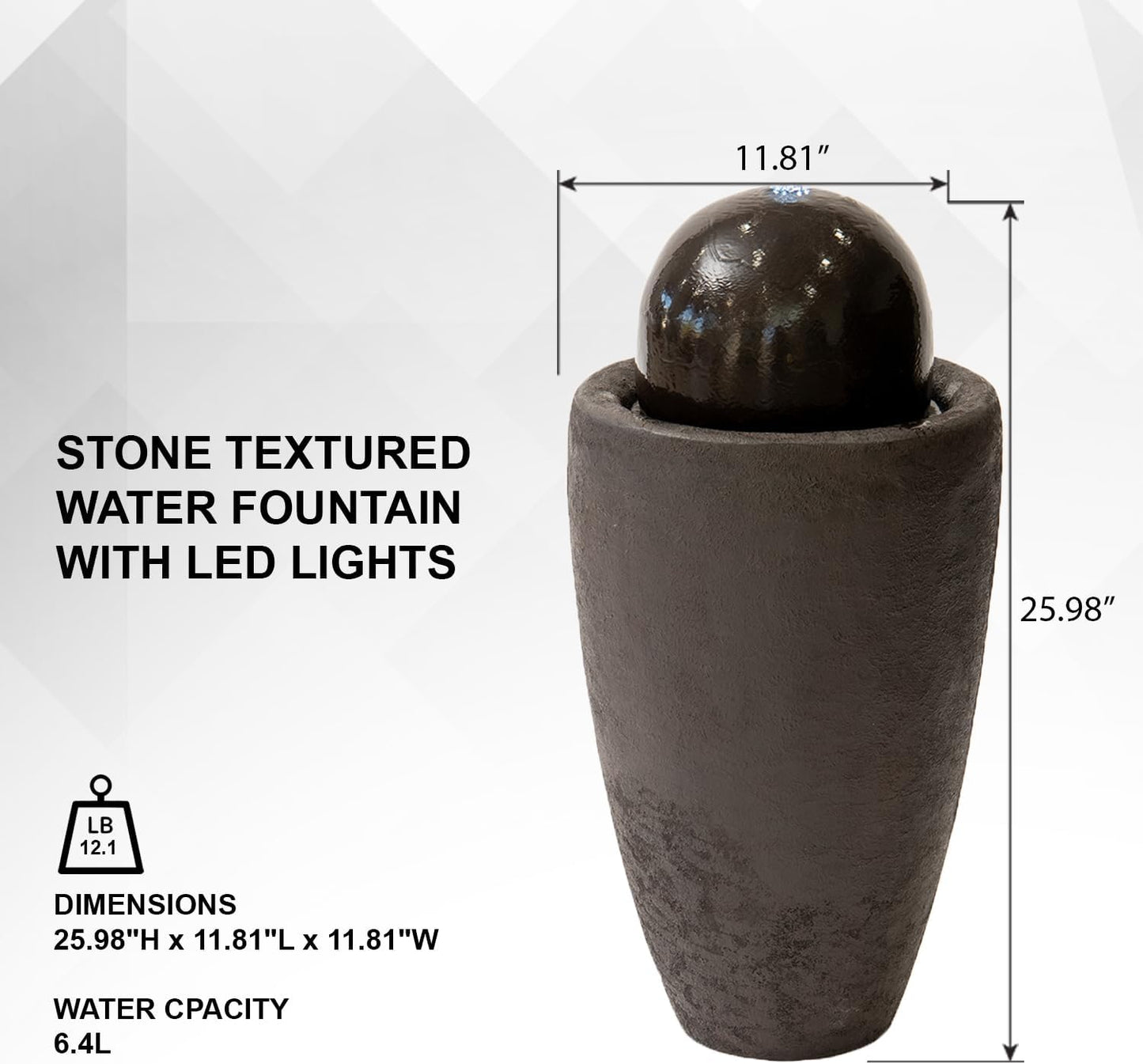 XBrand 25.98" H Round Stone Indoor/Outdoor Modern Stone Textured Sphere Water Fountain w/LED Lights, Brown