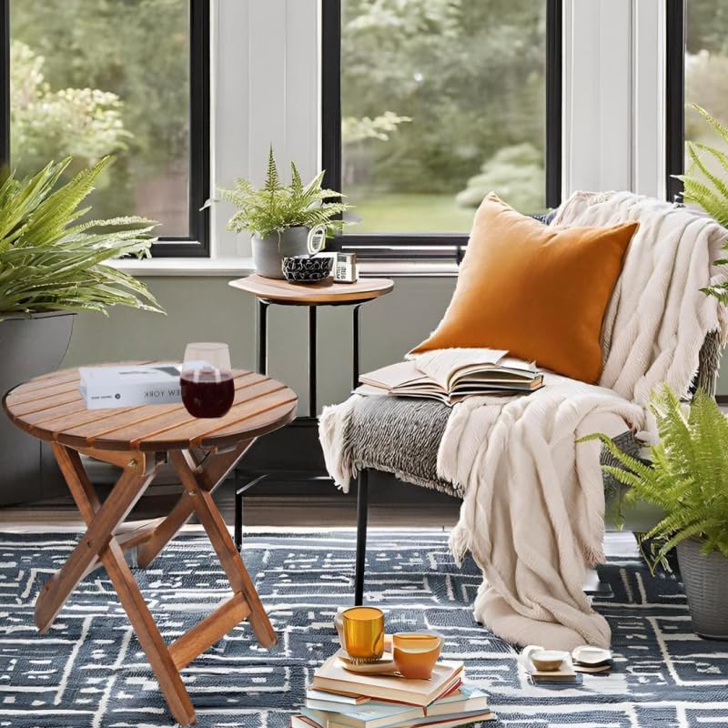Outdoor Patio Side Table Set of 2 Small Folding Wood Round End Table Coffee Furniture for Living Room, Bedroom, Plant Stand, Camping Portable Brown