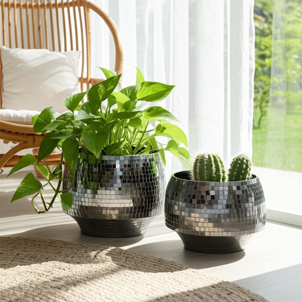 Flower Pots and Planters for Home Decor – Mosaic Indoor and Outdoor Plant Pots for Garden, Patio, or Room – Modern Pots for Indoor Plant Stand for Herbs, Succulents, or Ferns Set of 2 – 8", 6" Black