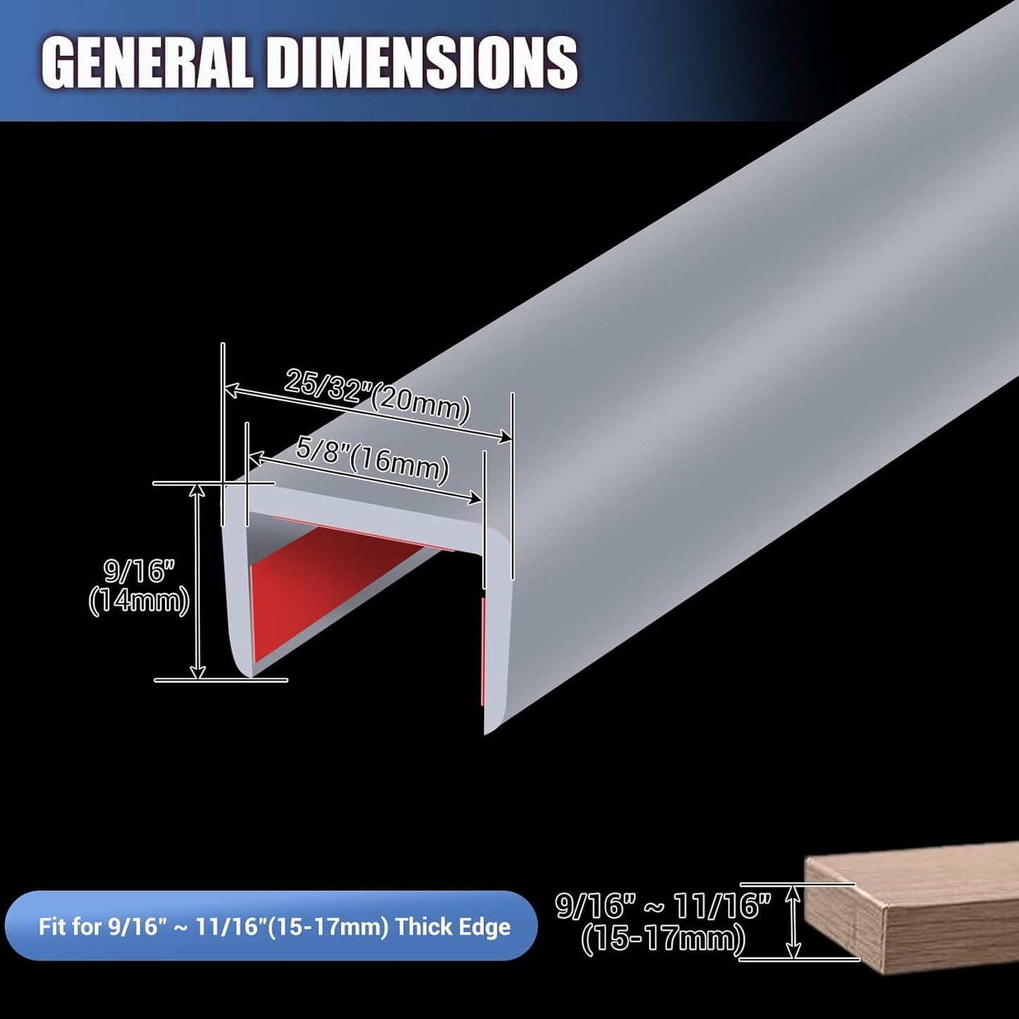 Rubber Edge Trim, Flexible Edge Banding, 5/8"(16mm) U Channel Furniture Edge Protector, Self Adhesive Edge Guards for Plywood, Wood, Glass Parts, 20Ft, Grey Color