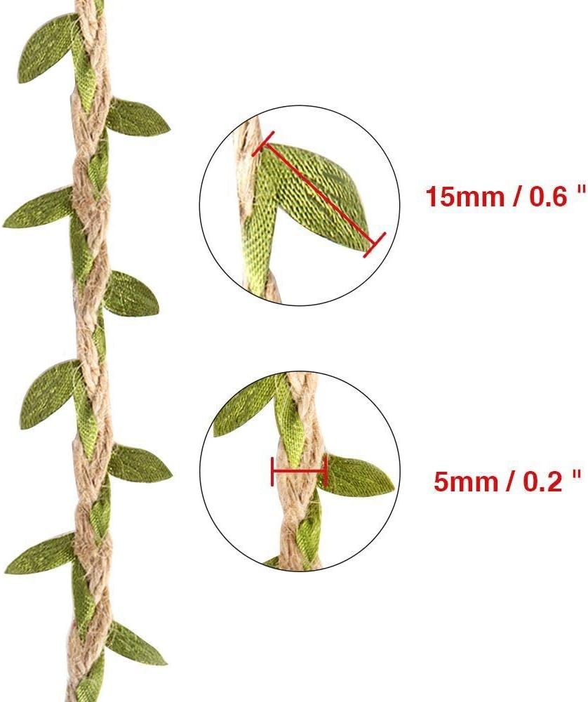 Burlap Leaf Ribbon 2 Rolls 66 Feet Total 5mm Natural Jute Twine with Artificial Green Leaves Braided Decorated Vine for Jungle Safari Party Wedding Garden Home Decor