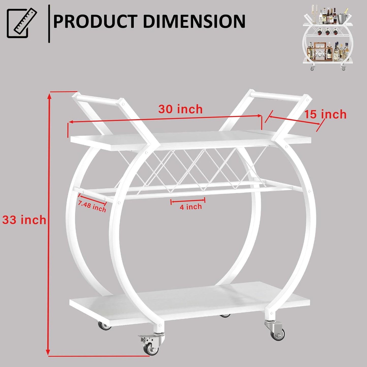 LVB White Bar Cart, Modern Rolling Serving Wine Cart with Storage, Industrial Wood Metal Kitchen Island Beverage Cart with Wheels, Microwave Drink Liquor Cart Table for Home Dining Living, White Oak