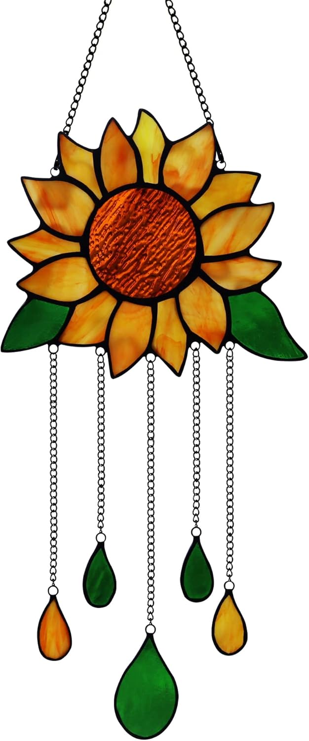 Sunflower Stained Glass Window Hanging,Sunflower Birthday Party Decorations,Outdoor Suncatcher for Patio,Kitchen and Garden Decor,Sunflower Gift for Mom,Women and Grandma