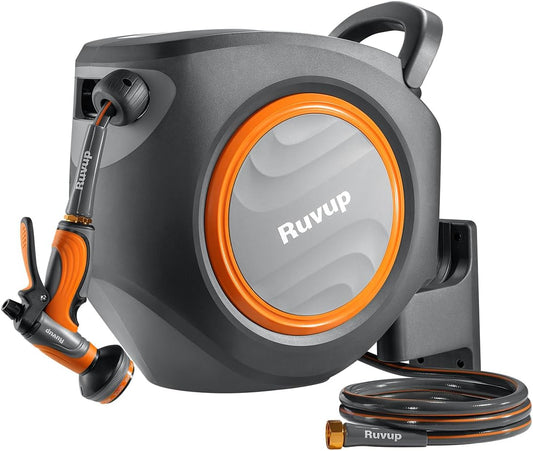 Ruvup Retractable Garden Hose Reel,1/2in x 150ft Water Hose Reel with Metal Bracket, UV Resistant Automatic Hose Reel Wall Mount for Outside, Slow Retraction Any Length Lock 10 Spray Nozzle