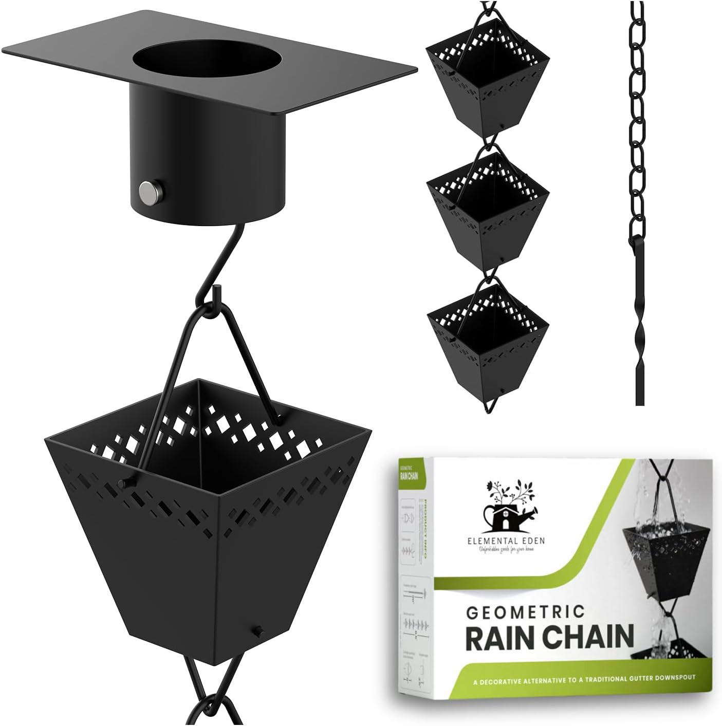 Rain Chain Kit w/Adapter & Extension | Black Powder Coated Rain Chains for Gutters 10 ft | Rain Chain | Gutter Chain Downspout | Rain Chains for Outside | Rain Catcher | Rain Chimes