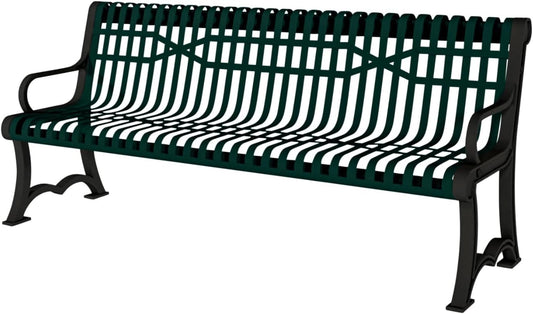 Coated Outdoor Furniture Heavy-Duty Outdoor Bench Thermoplastic Coated, Slatted Steel, Commercial-Grade Garden Bench, Made in America (Portable with Back, 4 Ft, Dark Green)