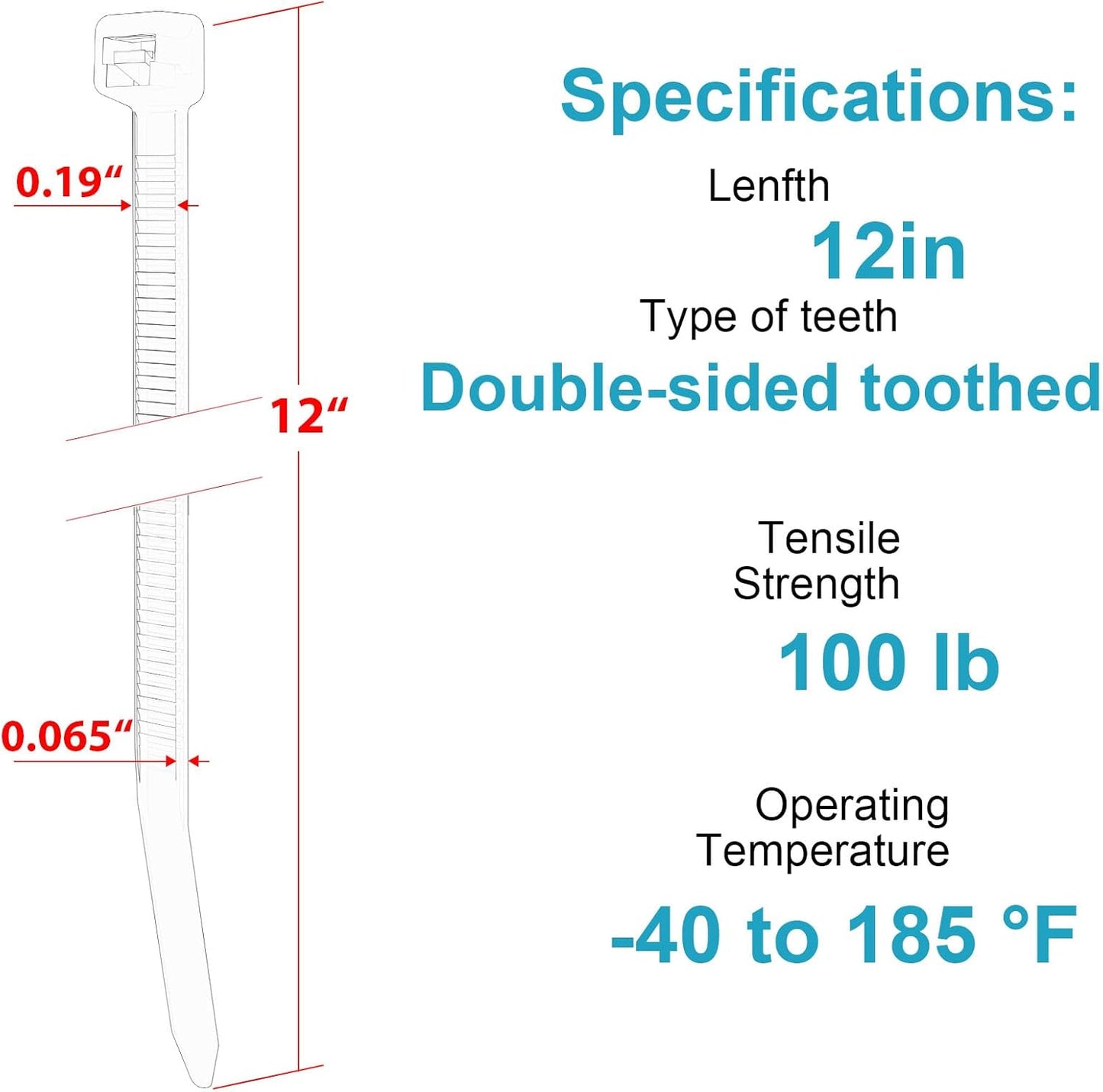 12 Inch Zip Ties Double Sided Toothed,70 LBS Tensile Strength Heavy Duty Cable Wire Ties With Self-Locking Adjustable More Durable Nylon Tie Wraps for Indoor Outdoor（500 Pack）