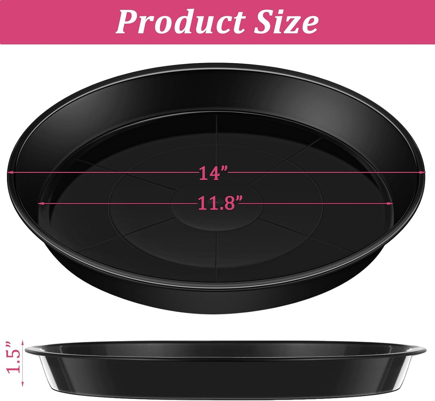 Eccliy 6 Pack Plastic Plant Saucer Heavy Duty Planter Saucers Large Plant Pot Plastic Water Trays for Indoors and Outdoors Flower Drip(14 Inch,Black)