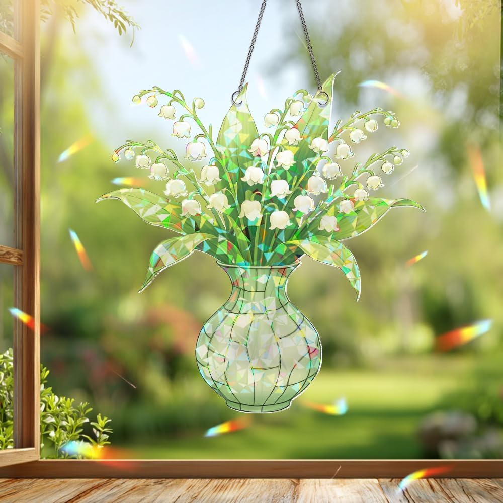 Lily of The Valley Stained Glass Suncatcher – Flower Vase Window Ornament, Sun Catchers Indoor Window, Garden Decor Gift, Plant Gifts for Women, Grandma, Mother's Day, Christmas