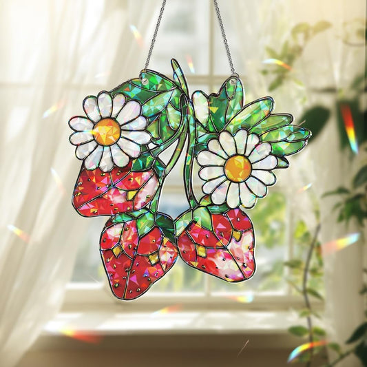 Strawberry Suncatcher – Daisy Flower Window Hanging, Fruit Sun Catchers Indoor Window Ornament for Kitchen and Garden Décor, Plant Gifts for Women, Grandma, Mother's Day, Christmas