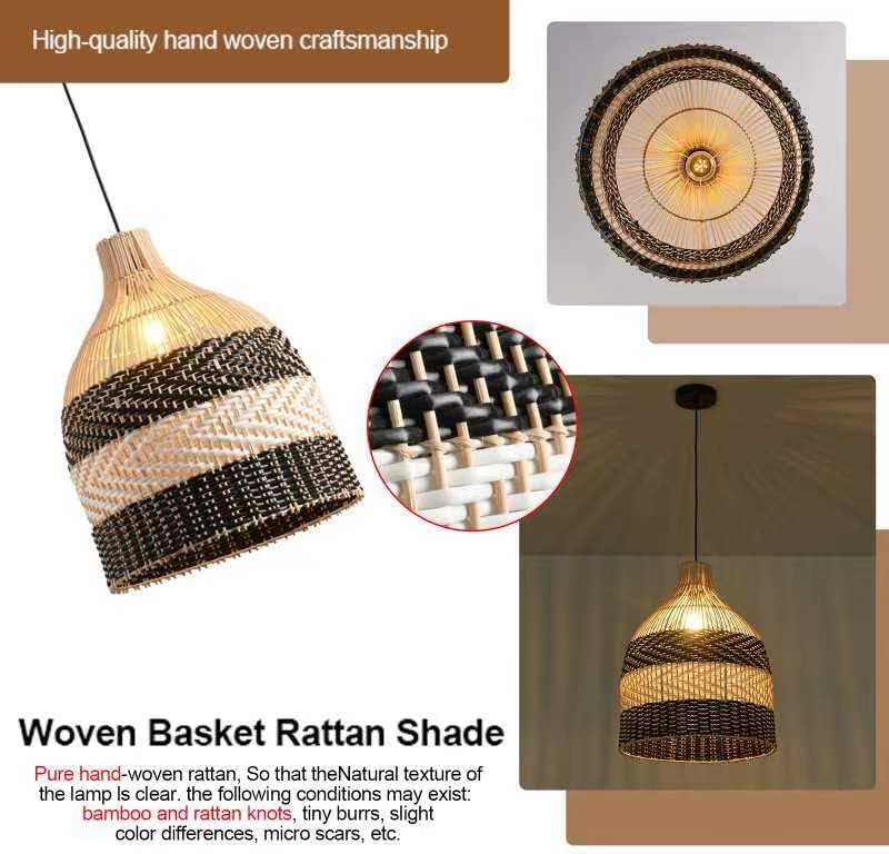 15.75" Rattan Pendant Light Black White Faux Rattan Basket Chandelier 1-Pack Boho Handmade Woven Wicker Hanging Light Fixture for Public Place Dining Living Bedroom Kitchen Farmhouse