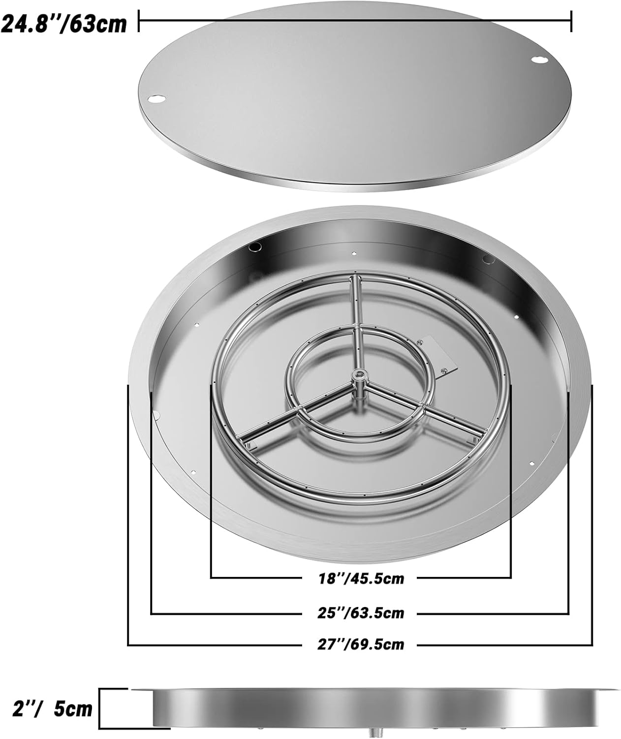 Skyflame 25 Inch Round Stainless Steel Drop-in Fire Pit Pan Fire Bowl with Burner Ring and Protective Cover, DIY Firepit System Assembly Set for Both Natural Gas and Liquid Propane