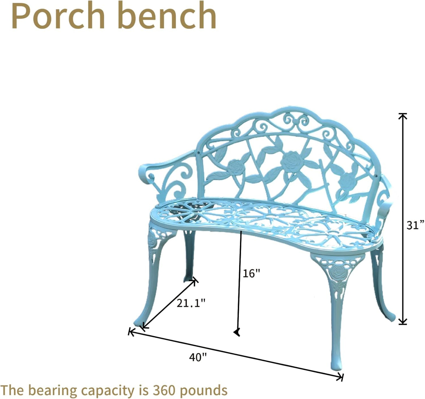 KAILI Garden Bench, Metal Aluminum Rose, Suitable for Garden Porch Park Front Porch Balcony Outdoor (Light Blue)