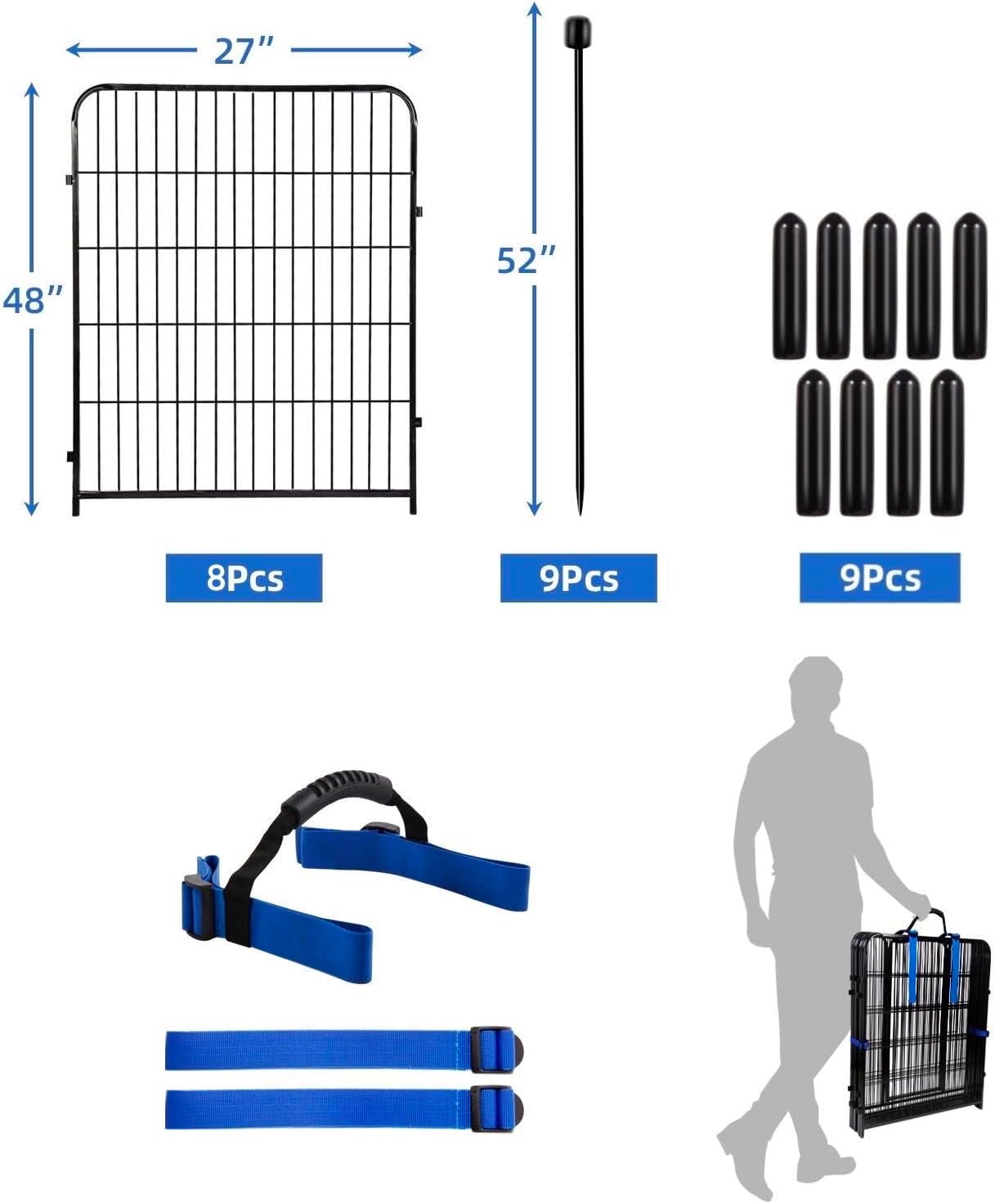 ADAVIN 48 in(H) Garden Fence Panels, 8 Panels Total 17.7 Ft(L), Heavy Duty Iron Metal Animal Barrier Fence, Fencing for Flowers Beds, Camping Fence, No Dig Garden Border Fencing for Yard（No Gate）