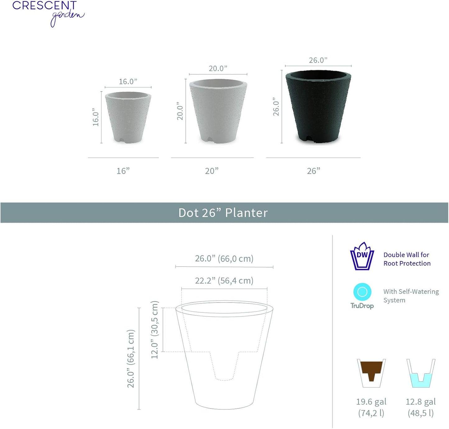 Crescent Garden Dot TruDrop Indoor/Outdoor Planter, Self-Watering Plant Pot, 26 Inches, (Caviar Black)