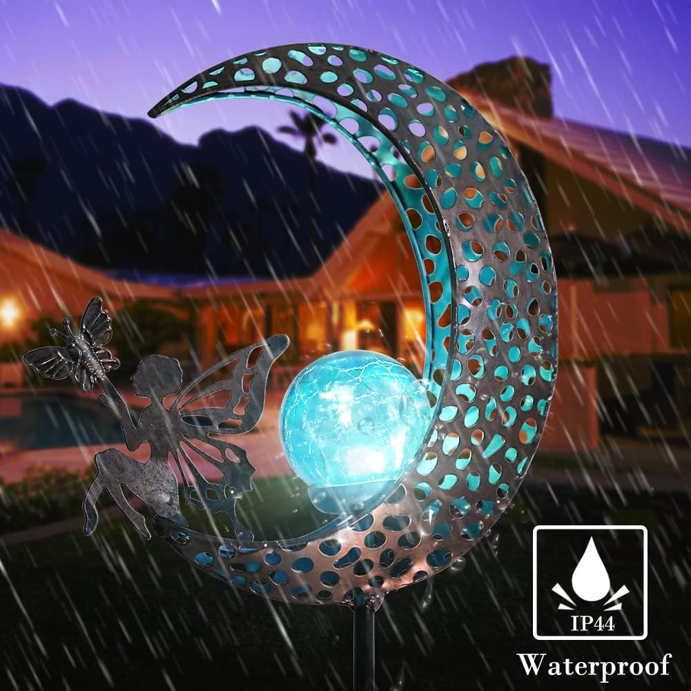 Bshine Moon Solar Light Outdoor Garden Decoration, Moon Fairy Garden Statue Outdoor Decor,Metal Waterproof Light Stake for Patio, Path, Yard and Lawn Ornament, Housewarming Gift for Mom,Blue