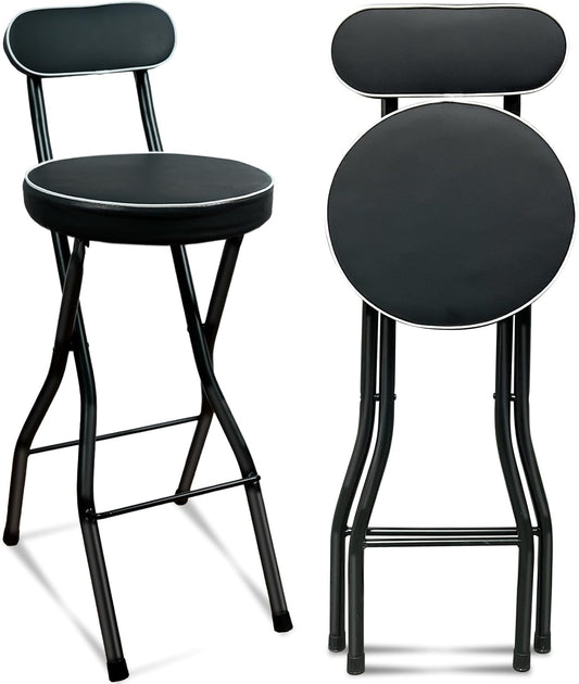 UWEAR 1 PCS Folding Bar Stool with Back, Tall Foldable Stool Leather Padded Portable Stools Counter Height Foldable Stools Chairs Collapsible Stool for Adults Kitchen Island (Black)