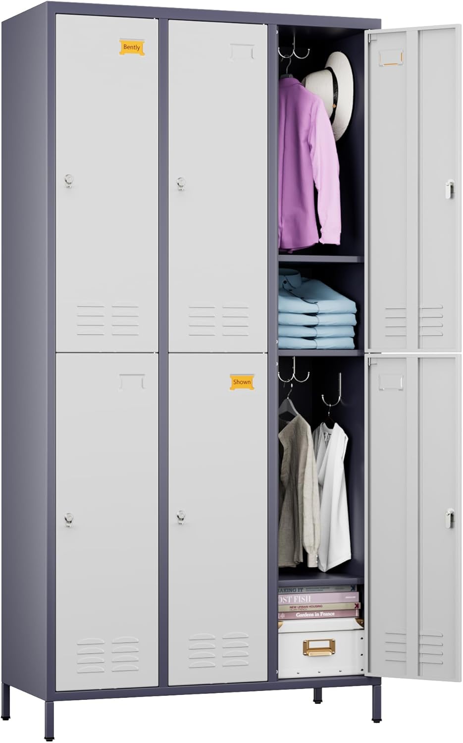 72" H×15.75" D×35.43" W Metal Storage Lockers for Employees with 6 Doors, Employee Lockers with 18 Hooks, Business Card Holder for Offices School Gyms Home,Assembly Required,Grey and White