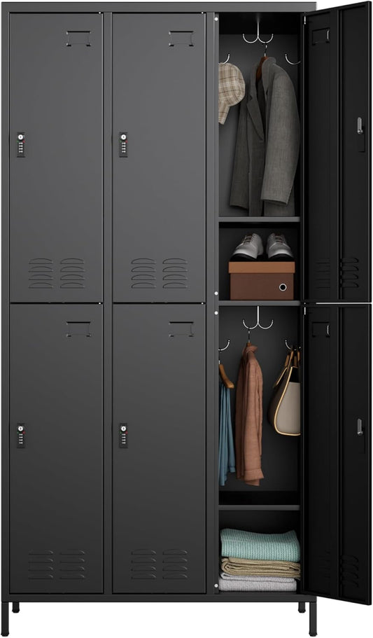 6 Doors Metal Storage Lockers for Employees with Combination Lock and Hooks,72" H Employee Lockers with Business Card Holder for Offices School Gyms Home,Assembly Required,Black