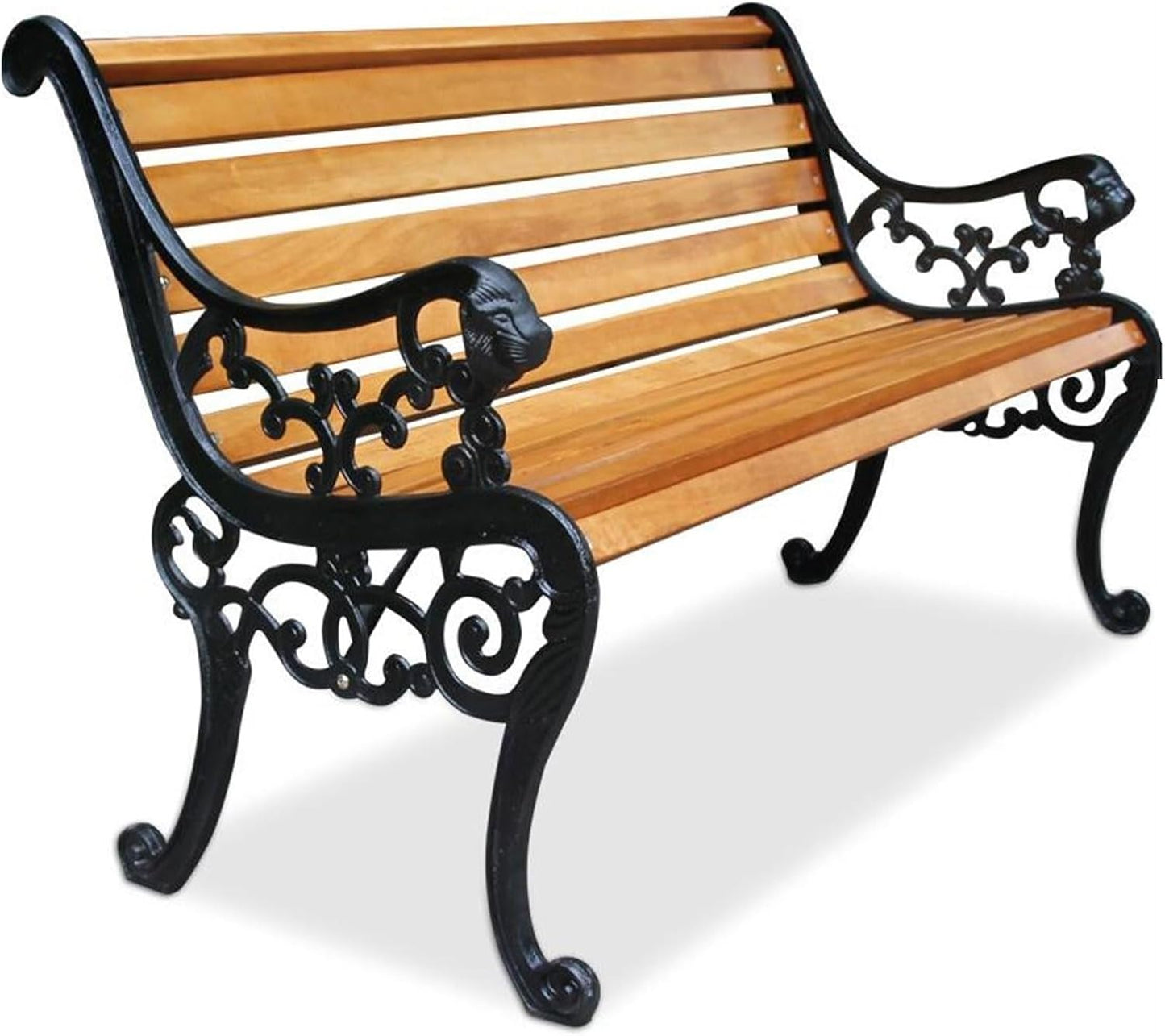 Outdoor Bench, Porch Bench, Garden Park Bench, Cast Aluminum Preservative Wood Bench with Backrest and Armrests for 2-3 People Porch/Deck/Patio Furniture(Teak+Black Legs,150CM)