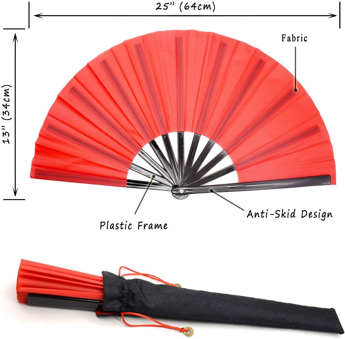 Zolee Large Rave Folding Hand Fan for Men/Women - Chinese Japanese Solid Kung Fu Tai Chi Handheld Fan with Fabric Case - for EDM, Music Festival, Club, Event, Party, Dance, Performance, Gift (Red)