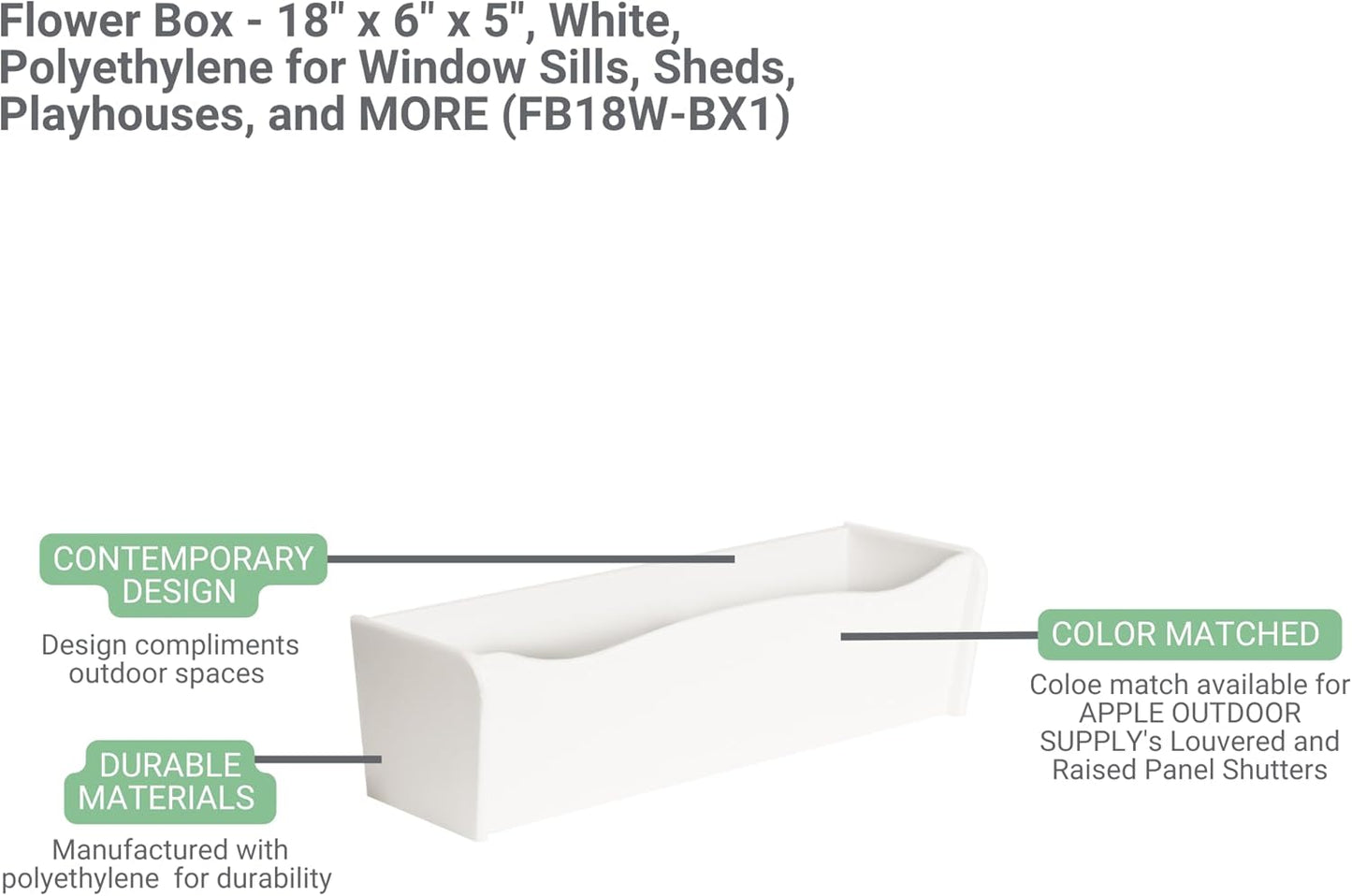 Flower Box 18" x 6" x 5" Dark Brown Polyethlene for Window Sills, Sheds, and Playhouses, 1 PK (FB18BRN-BX1)