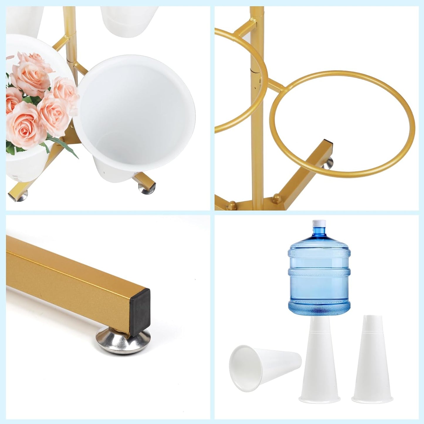 Flower Display Stand with 4 Bucket,Floral Stand with Foldable Frame for Silk Fresh Flowers,4 Tier Florist Shelf Plant Cart for flower shop Garden Living Room,Easy to Install (Gold Shelf+ White Bucket)