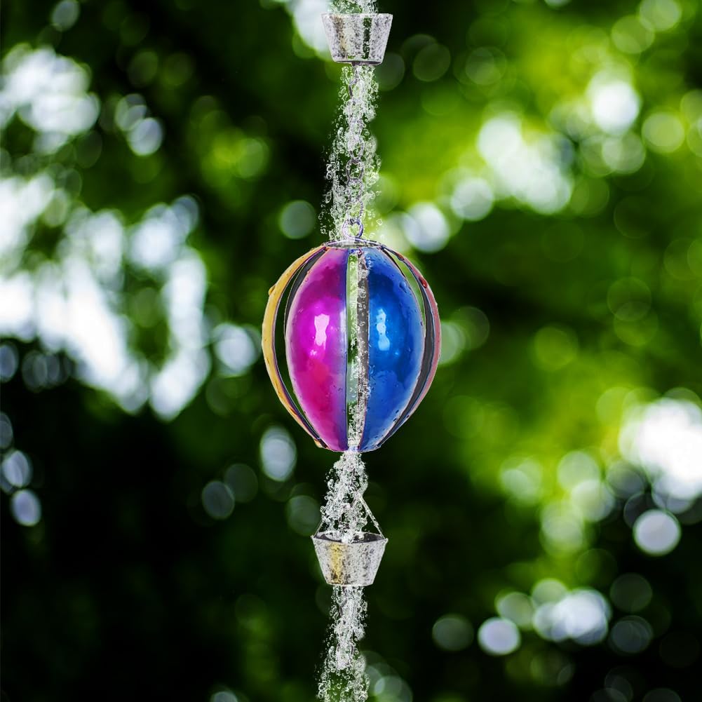 9.7 Ft Rain Chain, Hot Air Balloon Rain Chain for Gutters, 12 Cups Metal Rain Catcher Chain with Bell, Adjustable Length for Eaves Drainage, Replacement for Downspout