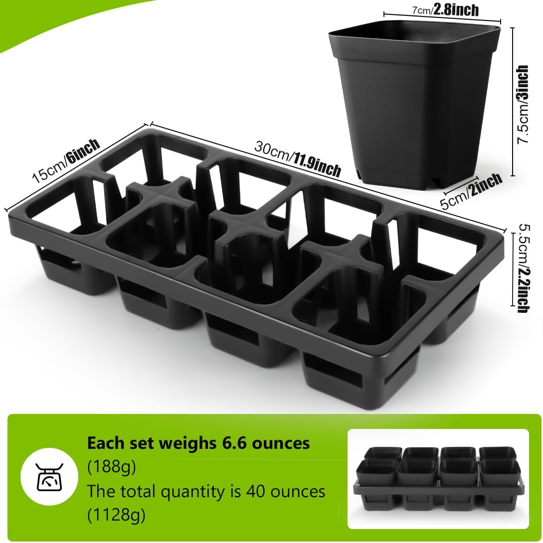 8 Cell Nursery Pots Trays 6 Pack (12" x 6"), 3 inch Square Plastic Nursery Pots 48 Pcs, Durable Carrying Seed Starter Tray, Planting Trays for Holding Small Seedling Pots with Drain Holes (Black)