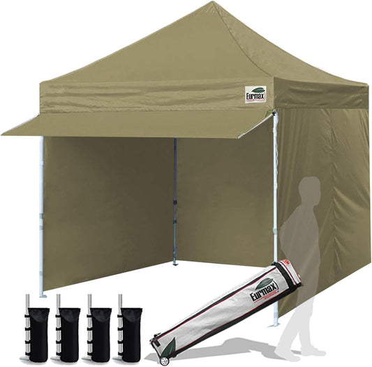 Eurmax USA 10 x 10 Pop up Canopy Commercial Tent Outdoor Party Canopies with 4 Removable Zippered Sidewalls and Roller Bag Bonus 4 Canopy Sand Bags & 24 Squre Ft Extended Awning (Khaki)