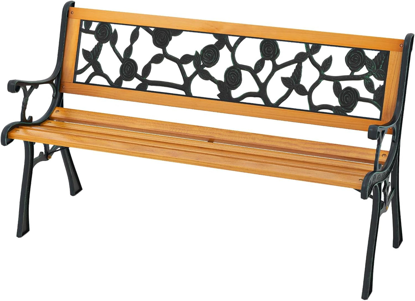 Giantex 49.5" 3-Person Outdoor Bench with Floral Pattern Backrest, Slatted Seat, 470 Lbs Weight Capacity, Curved Armrests, Cast Iron Metal Bench for Park, Outside, Patio, Porch, Yard, Garden