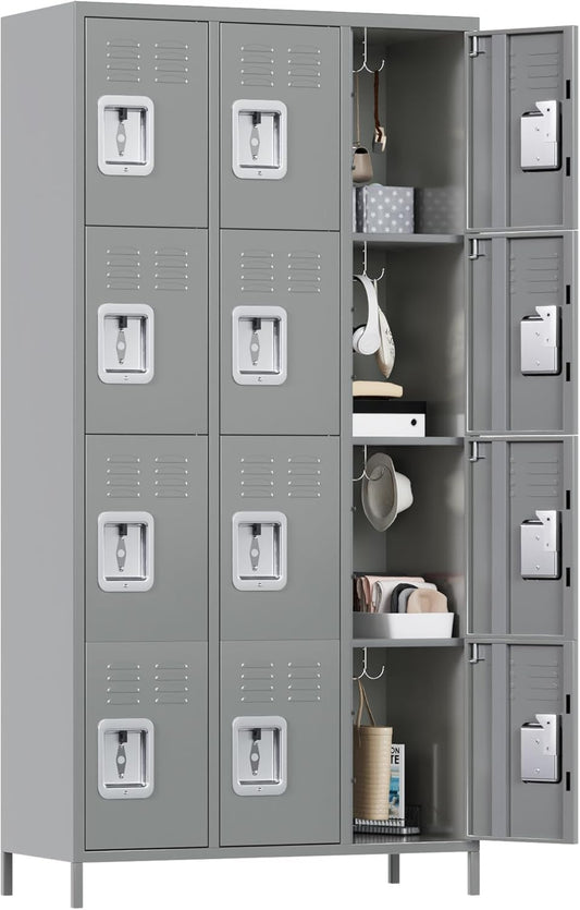 12 Doors Metal Lockers for Employees with Lock, Metal Locker with 12 Hooks for School Garage Office Gym Home,Assembly Required,Light Grey