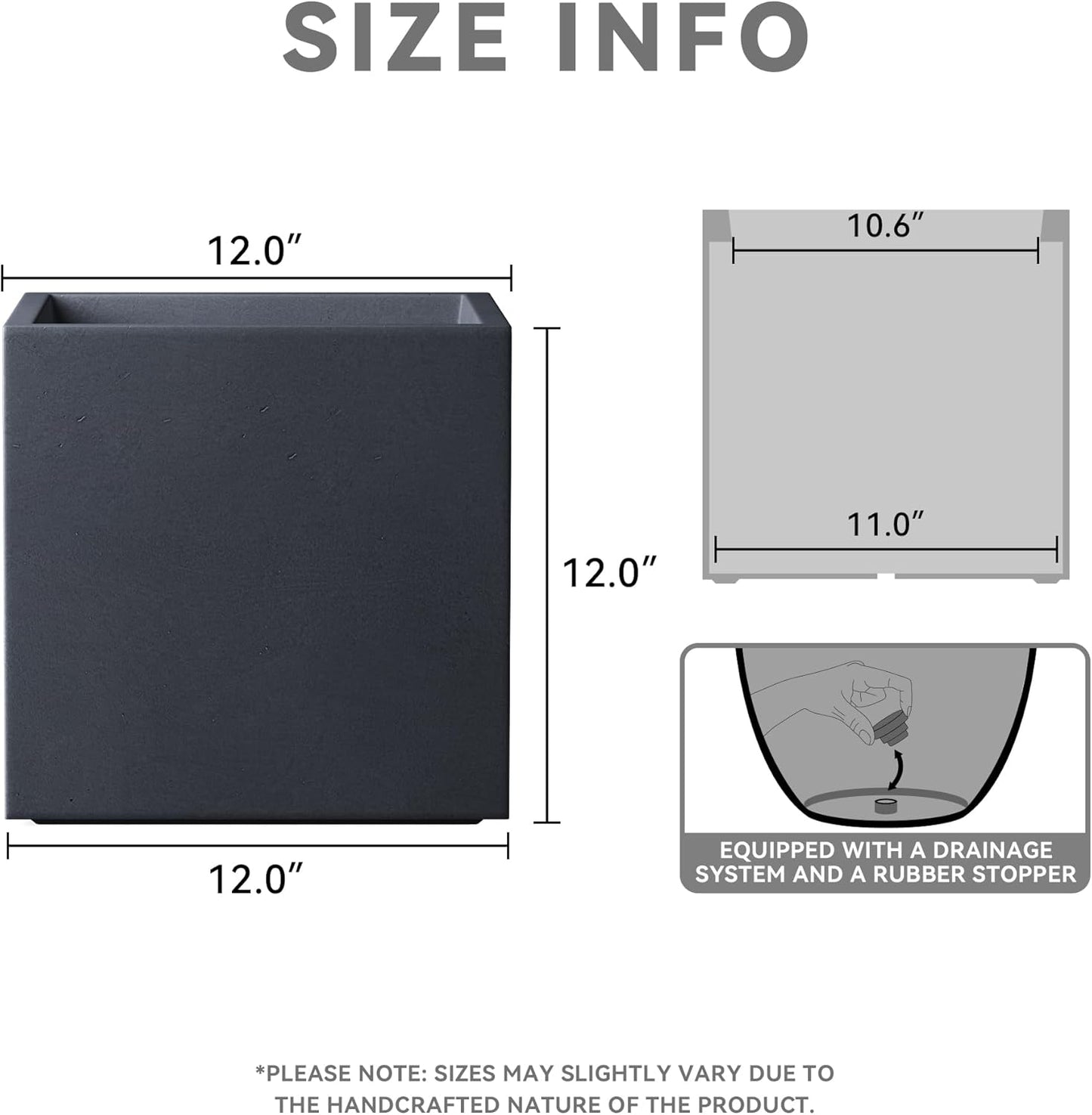 Kante 12 Inch Square Concrete Planter for Outdoor Indoor Home Patio Garden, Large Plant Pot with Drainage Hole and Rubber Plug, Charcoal