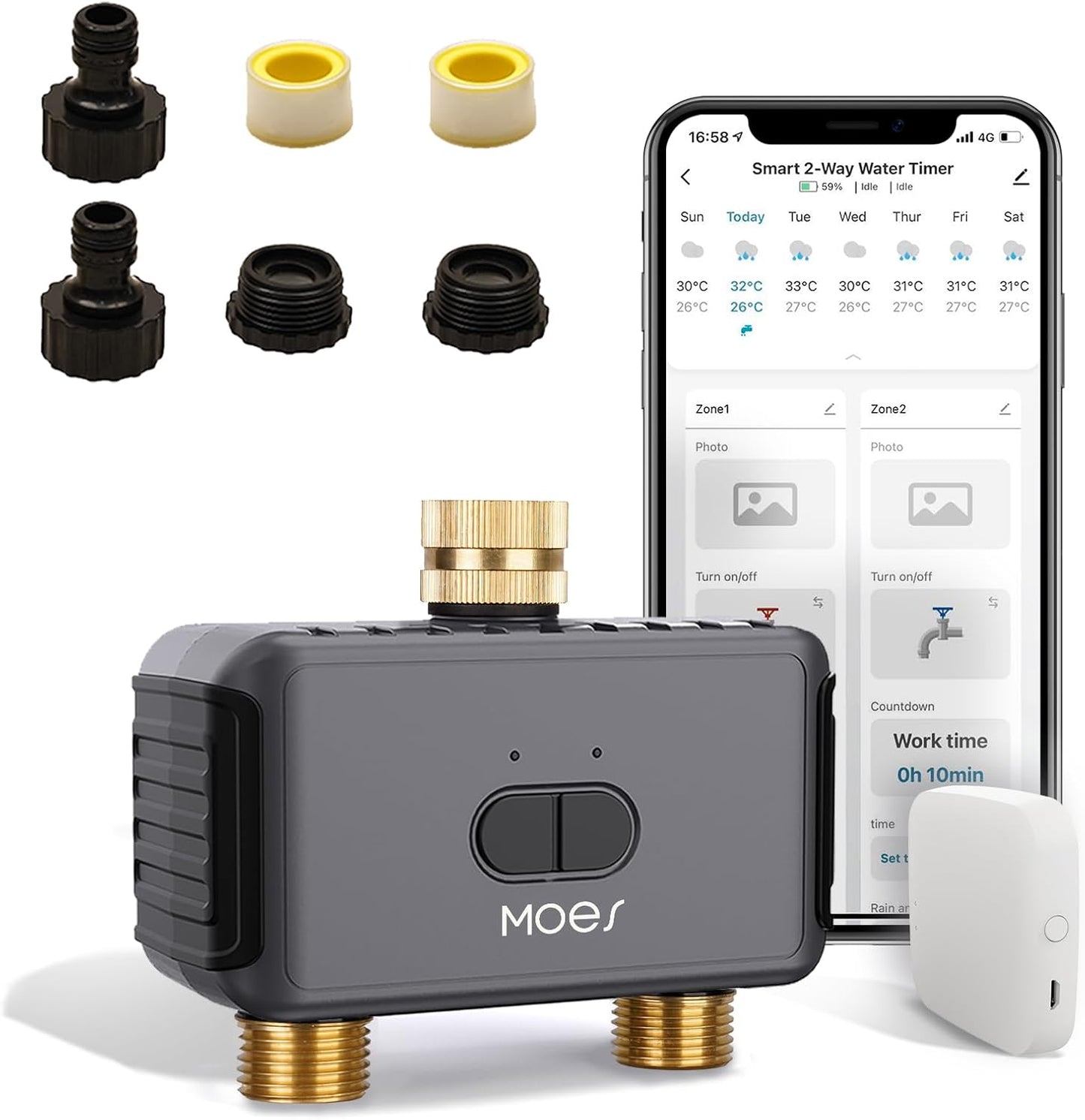 MOES WiFi Sprinkler Timer 2 Zone with Brass Inlet & Outlet, Water Timer for Garden Hose Faucet, Programmable Watering Irrigation 2 Outlet, Smart Watering System for Lawns and Yard Work with Alexa