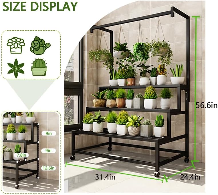3 Tier Large Metal Plant Stand, with Hanging Tall Plant pot shelf, with Rollers Heavy Duty Plant Holder, for Home/Garden/living room/balcony (BLACK, 31.5IN)
