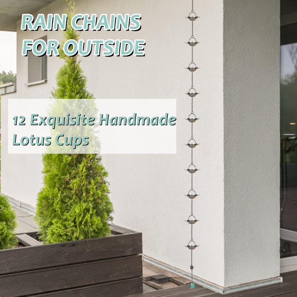 8.3 FT Lotus Rain Chain, Metal Rain Chains for Gutters with 12 Cups, Adjustable Rain Catcher Chain for Eaves Drainage, Replacement for Downspout, Outdoor Decor