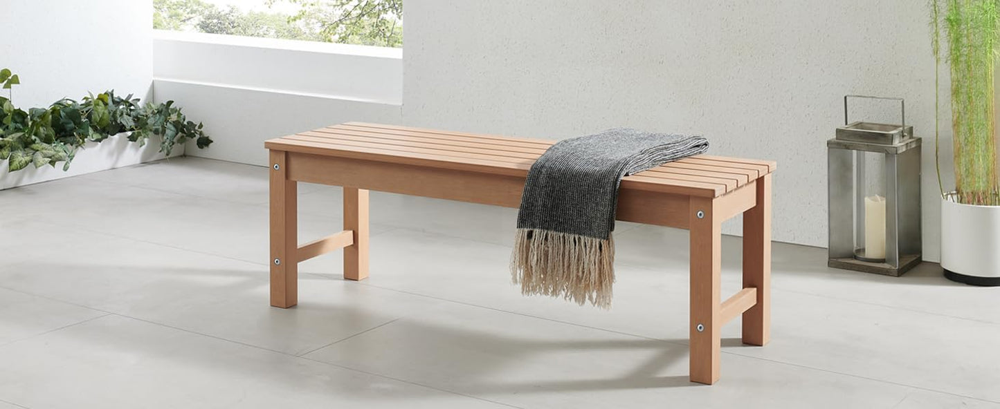 Psilvam Outdoor Bench, Two Person Poly Lumber Porch Bench, Weatherproof Garden Bench That Never Rot and Fade, All-Weather Patio Bench Suit for Garden, Porch, and Park (Teak Color)