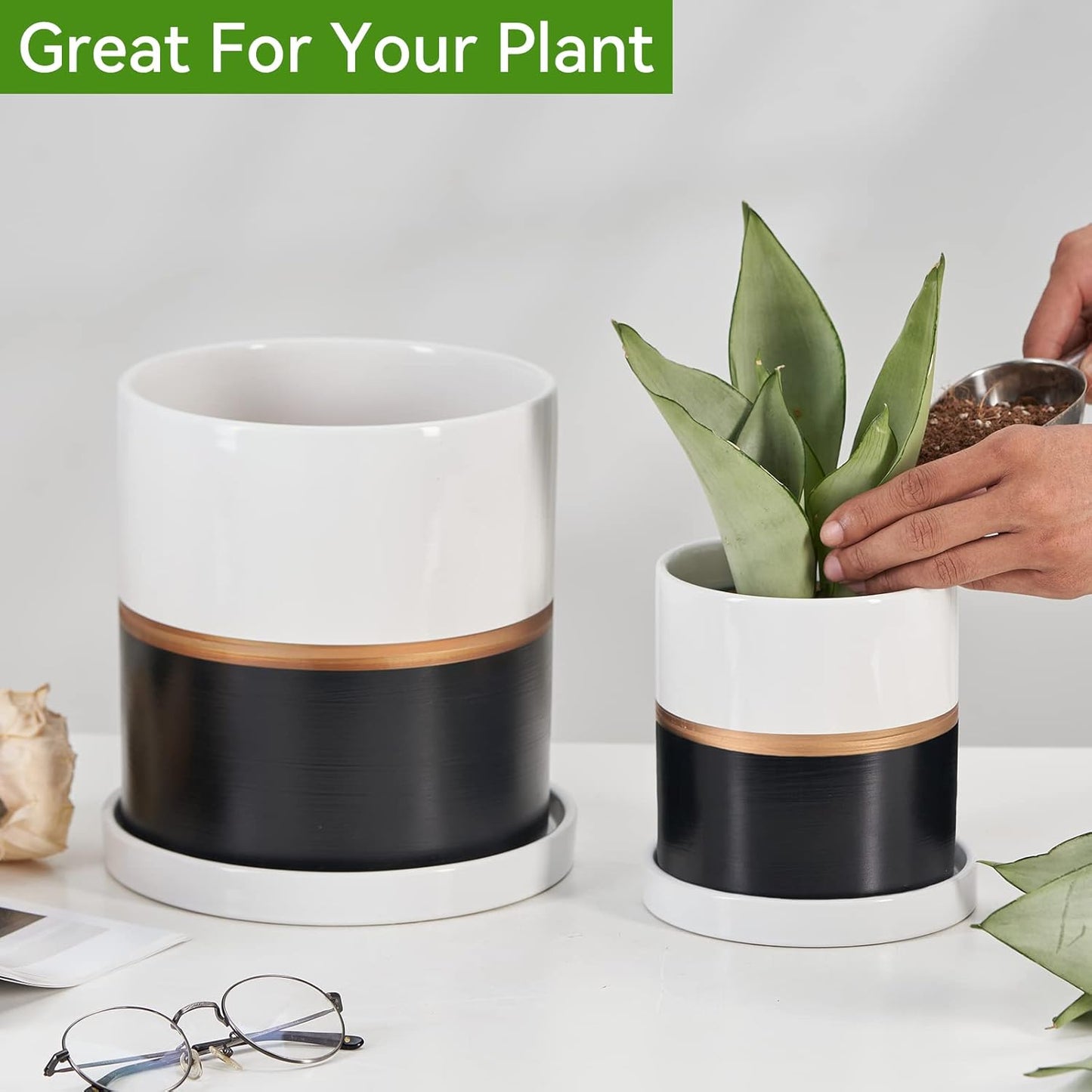 Ekirlin 4 inch Plant Pot - Ceramic Flower Planters Indoor - Modern Succulents Containers with Drain Hole Saucer, Decorate Home, Office & Outdoor (Black)