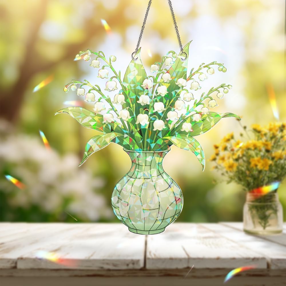 Lily of The Valley Stained Glass Suncatcher – Flower Vase Window Ornament, Sun Catchers Indoor Window, Garden Decor Gift, Plant Gifts for Women, Grandma, Mother's Day, Christmas