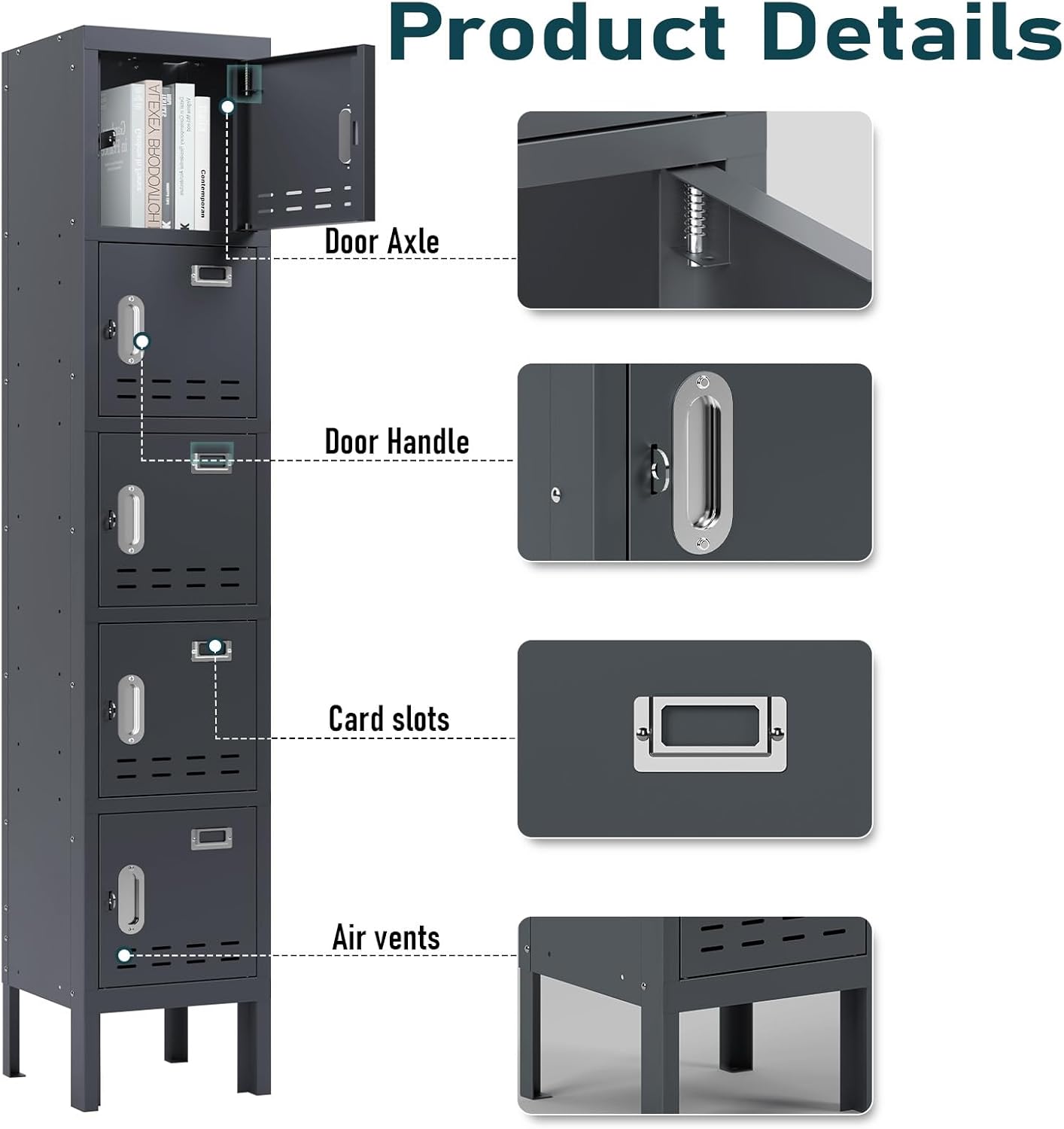 Metal Lockers - 66" Height Steel Lockers for Employees with 5 Door Storage Locker with Card Slot for Employees Gym School Home Office Garage - Assembly Required